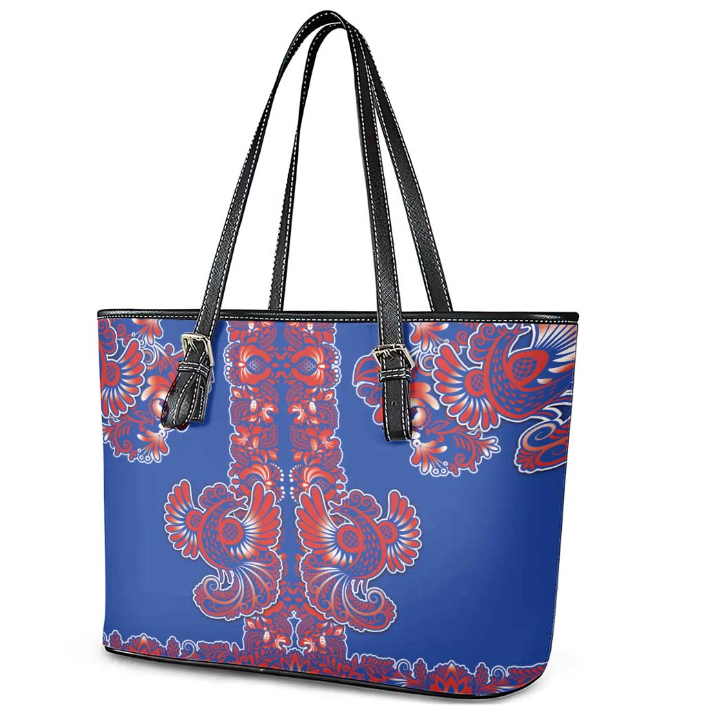 Blue Russian National Costume Leather Tote Bag Rooster Motifs Traditional Folk Pattern - Wonder Print Shop