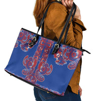 Blue Russian National Costume Leather Tote Bag Rooster Motifs Traditional Folk Pattern - Wonder Print Shop