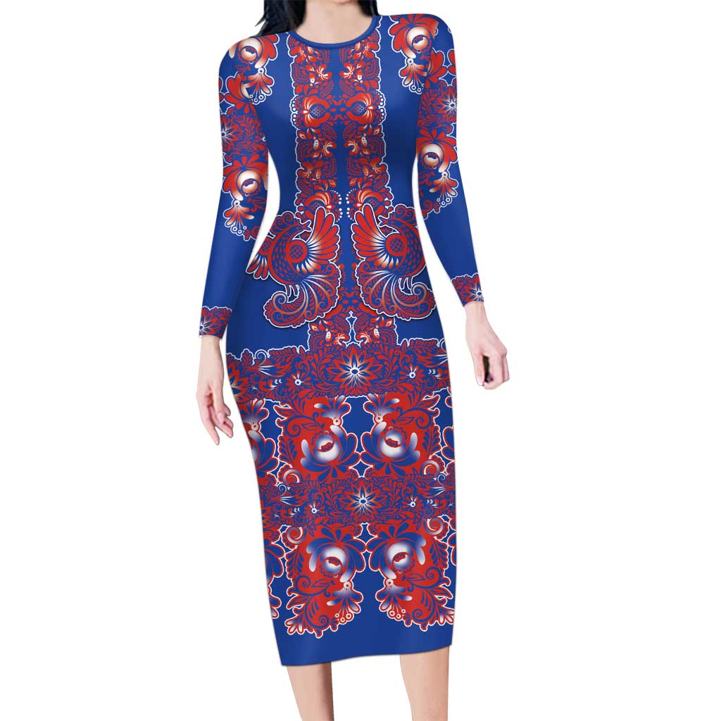Blue Russian National Costume Long Sleeve Bodycon Dress Rooster Motifs Traditional Folk Pattern - Wonder Print Shop