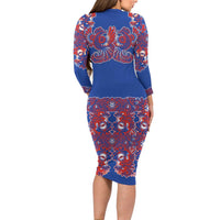 Blue Russian National Costume Long Sleeve Bodycon Dress Rooster Motifs Traditional Folk Pattern - Wonder Print Shop