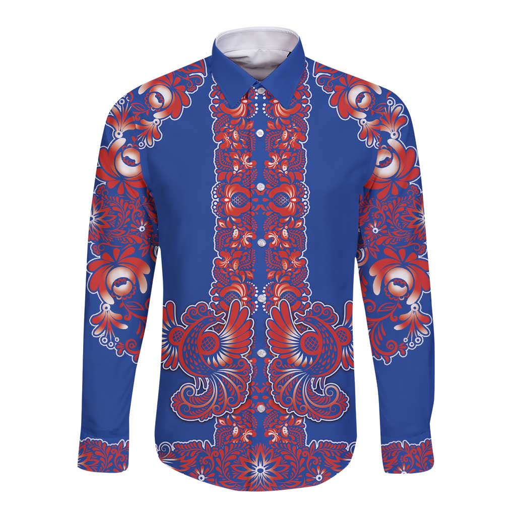 Blue Russian National Costume Long Sleeve Button Shirt Rooster Motifs Traditional Folk Pattern - Wonder Print Shop