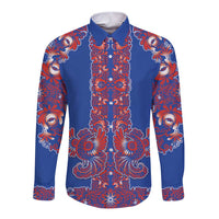 Blue Russian National Costume Long Sleeve Button Shirt Rooster Motifs Traditional Folk Pattern - Wonder Print Shop