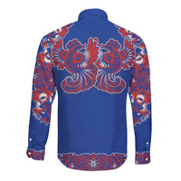 Blue Russian National Costume Long Sleeve Button Shirt Rooster Motifs Traditional Folk Pattern - Wonder Print Shop