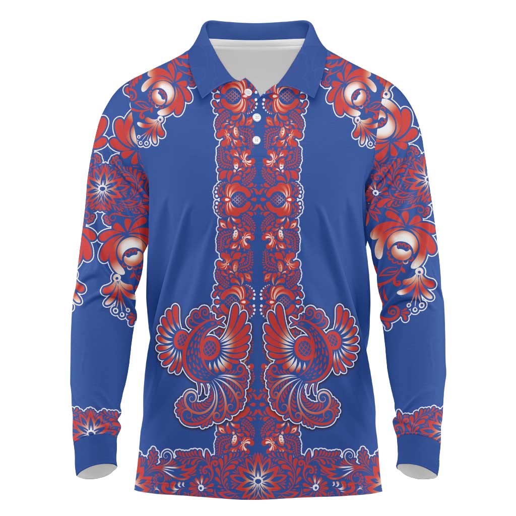 Blue Russian National Costume Long Sleeve Polo Shirt Rooster Motifs Traditional Folk Pattern - Wonder Print Shop