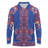 Blue Russian National Costume Long Sleeve Polo Shirt Rooster Motifs Traditional Folk Pattern - Wonder Print Shop