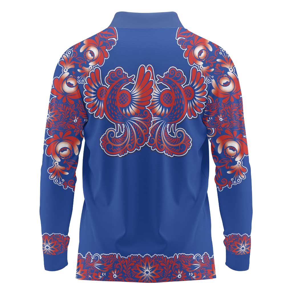 Blue Russian National Costume Long Sleeve Polo Shirt Rooster Motifs Traditional Folk Pattern - Wonder Print Shop