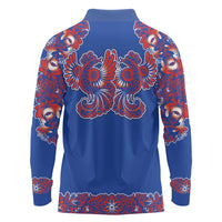 Blue Russian National Costume Long Sleeve Polo Shirt Rooster Motifs Traditional Folk Pattern - Wonder Print Shop