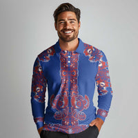 Blue Russian National Costume Long Sleeve Polo Shirt Rooster Motifs Traditional Folk Pattern - Wonder Print Shop