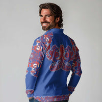 Blue Russian National Costume Long Sleeve Polo Shirt Rooster Motifs Traditional Folk Pattern - Wonder Print Shop
