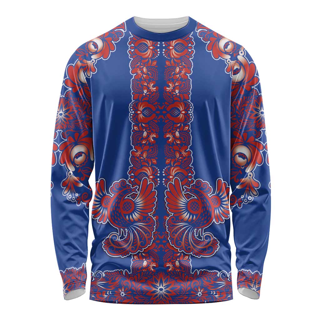 Blue Russian National Costume Long Sleeve Shirt Rooster Motifs Traditional Folk Pattern - Wonder Print Shop