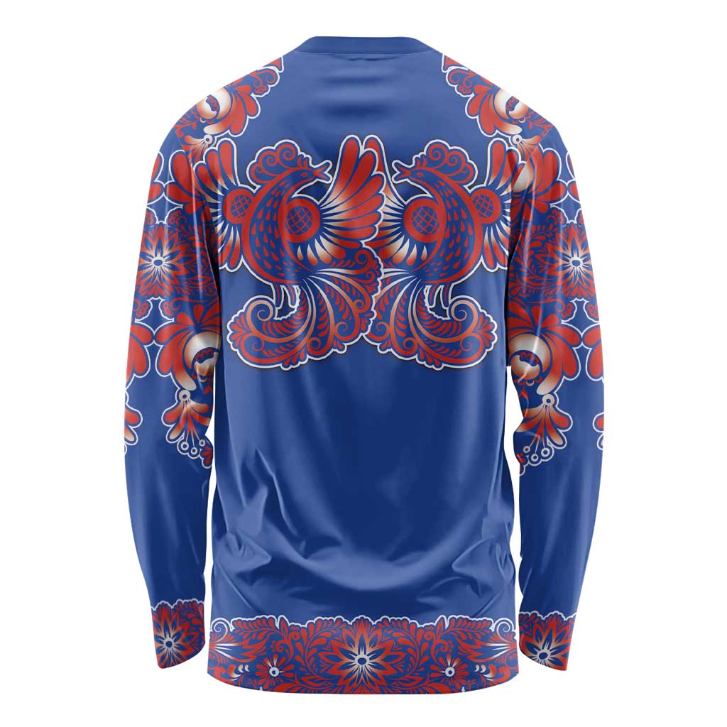 Blue Russian National Costume Long Sleeve Shirt Rooster Motifs Traditional Folk Pattern - Wonder Print Shop