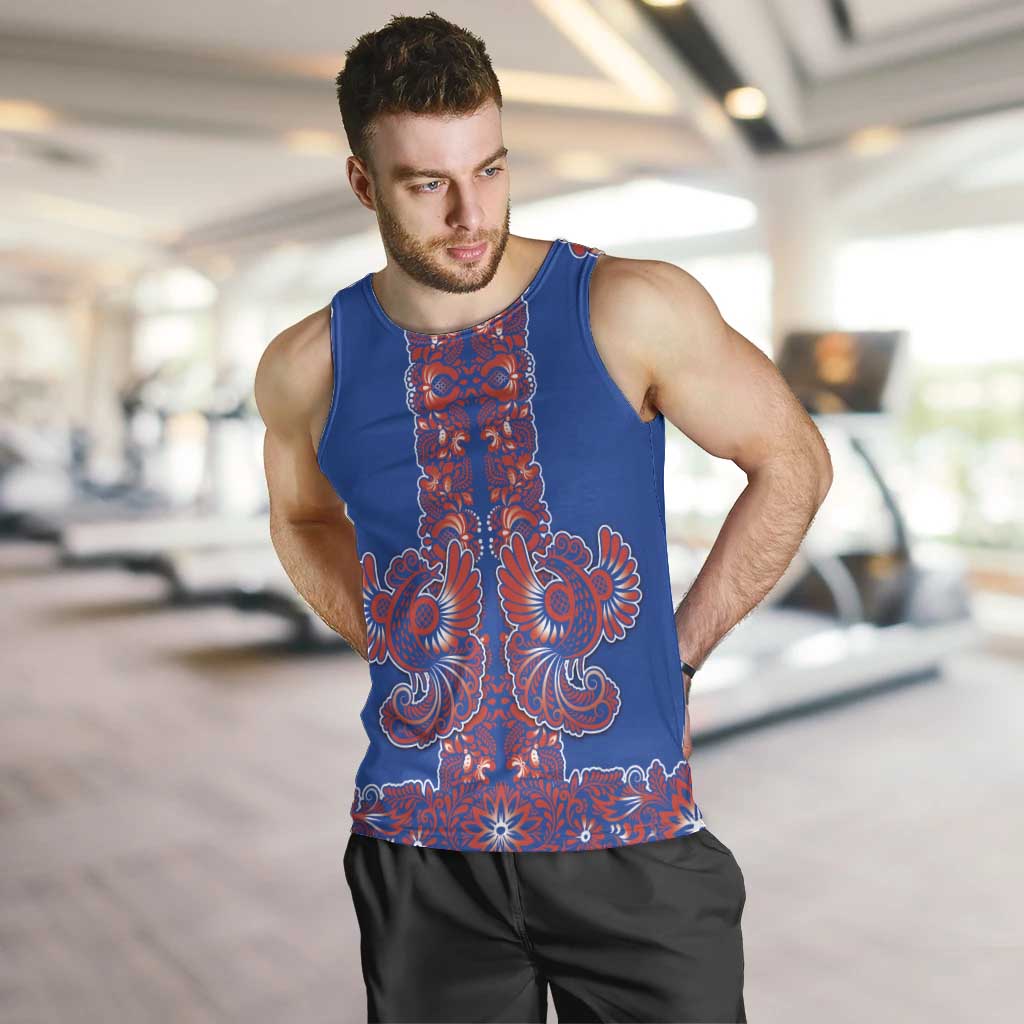 Blue Russian National Costume Men Tank Top Rooster Motifs Traditional Folk Pattern - Wonder Print Shop