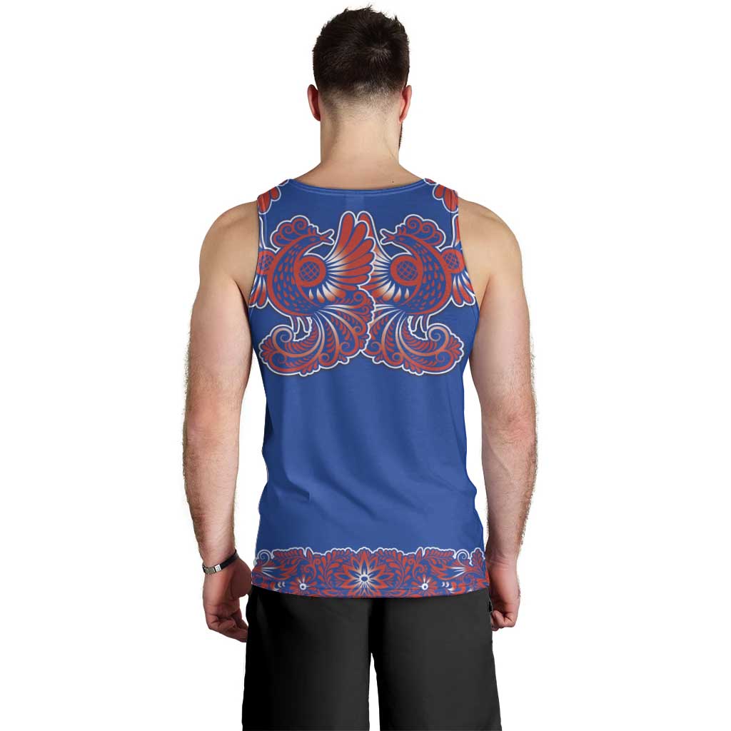 Blue Russian National Costume Men Tank Top Rooster Motifs Traditional Folk Pattern - Wonder Print Shop