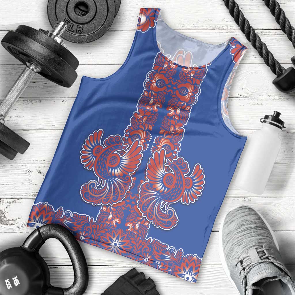 Blue Russian National Costume Men Tank Top Rooster Motifs Traditional Folk Pattern - Wonder Print Shop