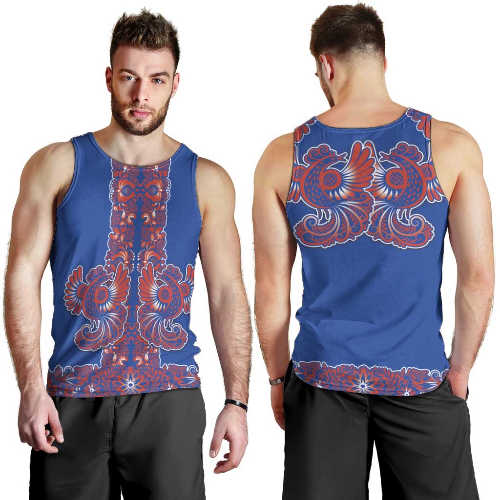 Blue Russian National Costume Men Tank Top Rooster Motifs Traditional Folk Pattern - Wonder Print Shop