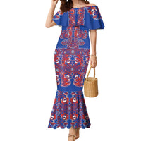 Blue Russian National Costume Mermaid Dress Rooster Motifs Traditional Folk Pattern - Wonder Print Shop