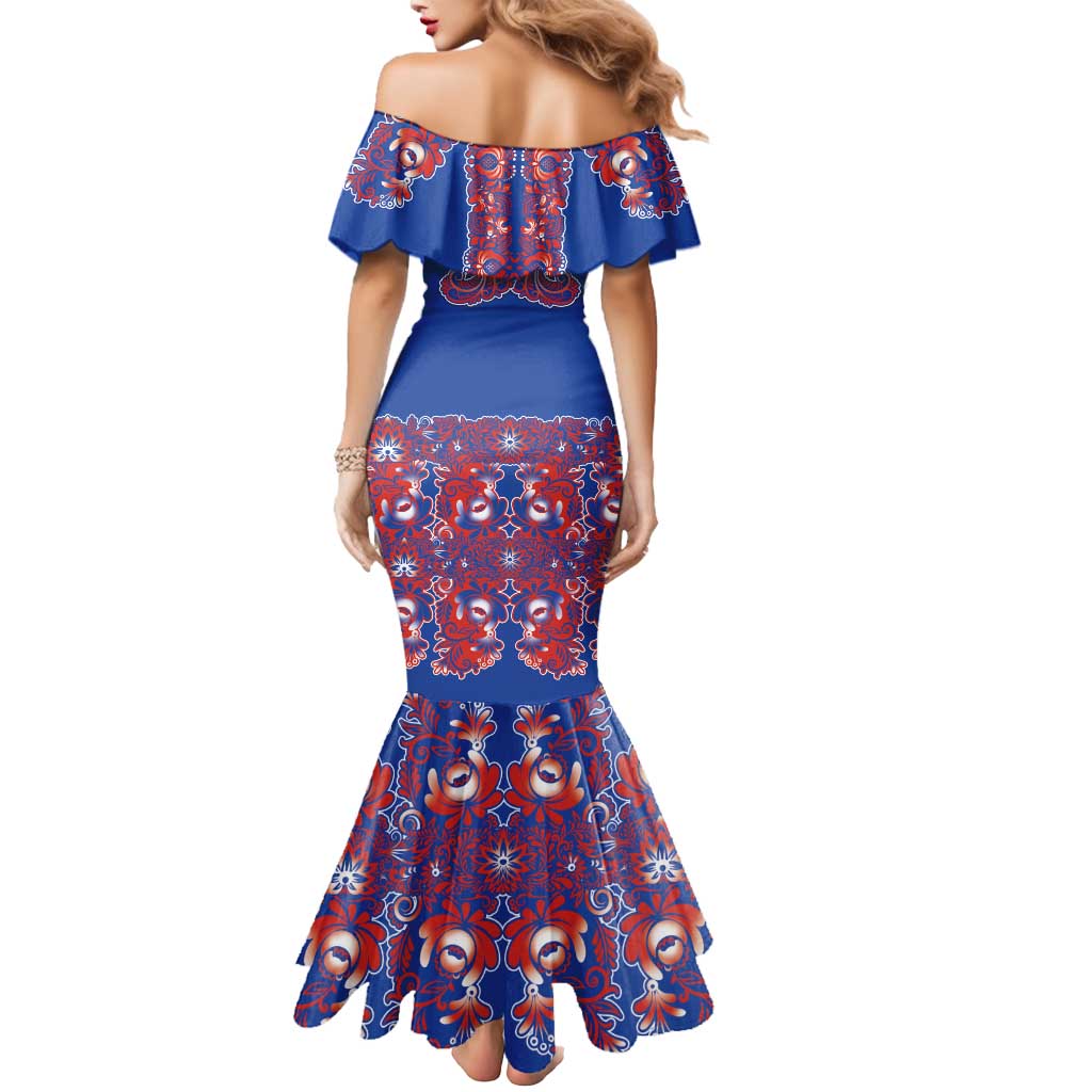 Blue Russian National Costume Mermaid Dress Rooster Motifs Traditional Folk Pattern - Wonder Print Shop