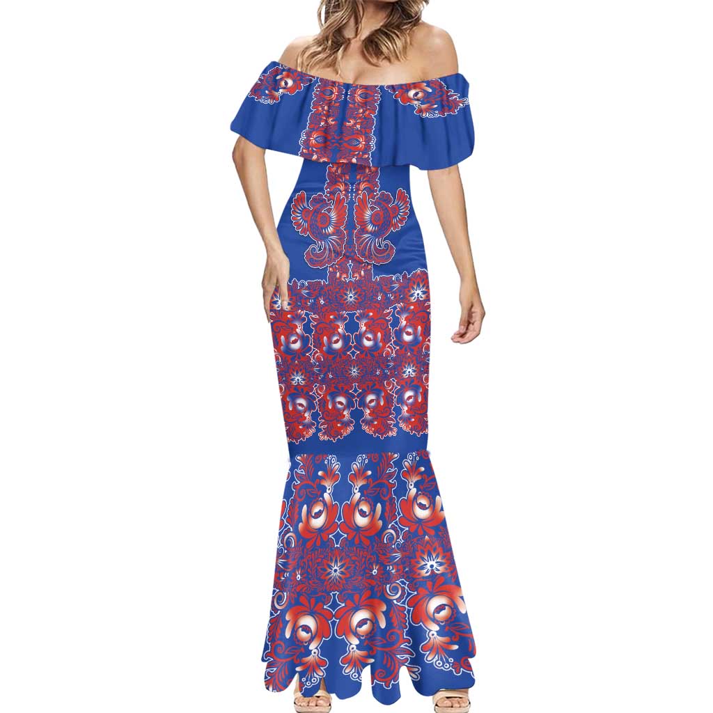 Blue Russian National Costume Mermaid Dress Rooster Motifs Traditional Folk Pattern - Wonder Print Shop
