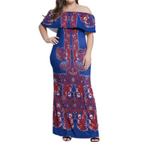 Blue Russian National Costume Off Shoulder Maxi Dress Rooster Motifs Traditional Folk Pattern - Wonder Print Shop