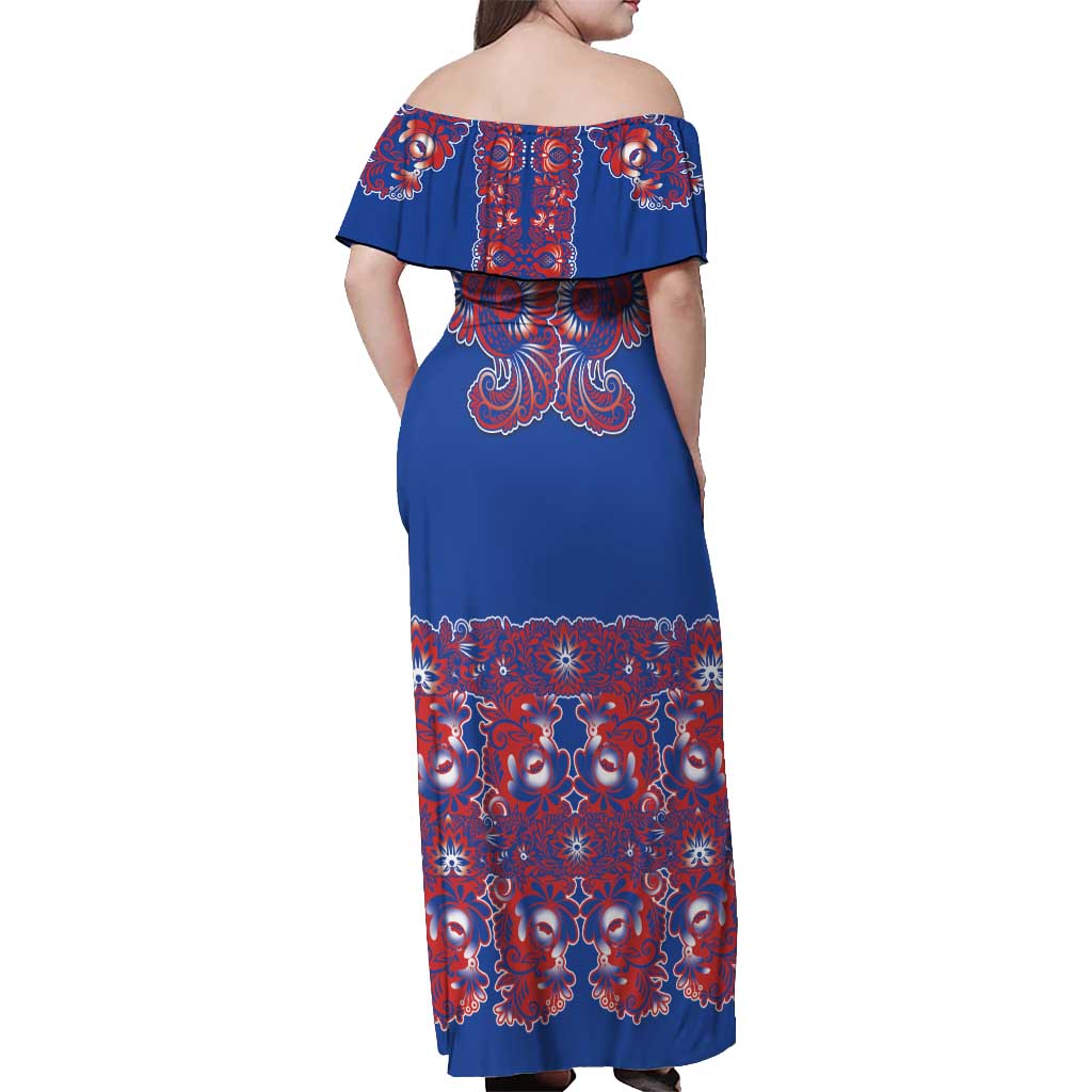 Blue Russian National Costume Off Shoulder Maxi Dress Rooster Motifs Traditional Folk Pattern - Wonder Print Shop