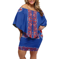 Blue Russian National Costume Off Shoulder Short Dress Rooster Motifs Traditional Folk Pattern - Wonder Print Shop