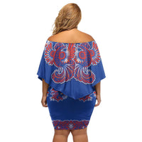 Blue Russian National Costume Off Shoulder Short Dress Rooster Motifs Traditional Folk Pattern - Wonder Print Shop