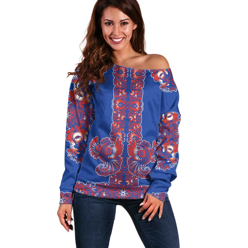 Blue Russian National Costume Off Shoulder Sweater Rooster Motifs Traditional Folk Pattern - Wonder Print Shop