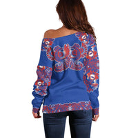 Blue Russian National Costume Off Shoulder Sweater Rooster Motifs Traditional Folk Pattern - Wonder Print Shop