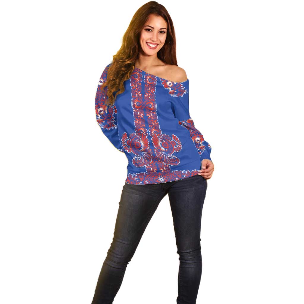 Blue Russian National Costume Off Shoulder Sweater Rooster Motifs Traditional Folk Pattern - Wonder Print Shop