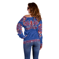 Blue Russian National Costume Off Shoulder Sweater Rooster Motifs Traditional Folk Pattern - Wonder Print Shop