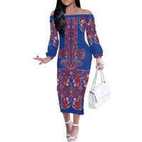 Blue Russian National Costume Off The Shoulder Long Sleeve Dress Rooster Motifs Traditional Folk Pattern - Wonder Print Shop