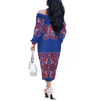 Blue Russian National Costume Off The Shoulder Long Sleeve Dress Rooster Motifs Traditional Folk Pattern - Wonder Print Shop