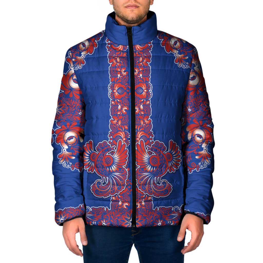 Blue Russian National Costume Padded Jacket Rooster Motifs Traditional Folk Pattern - Wonder Print Shop