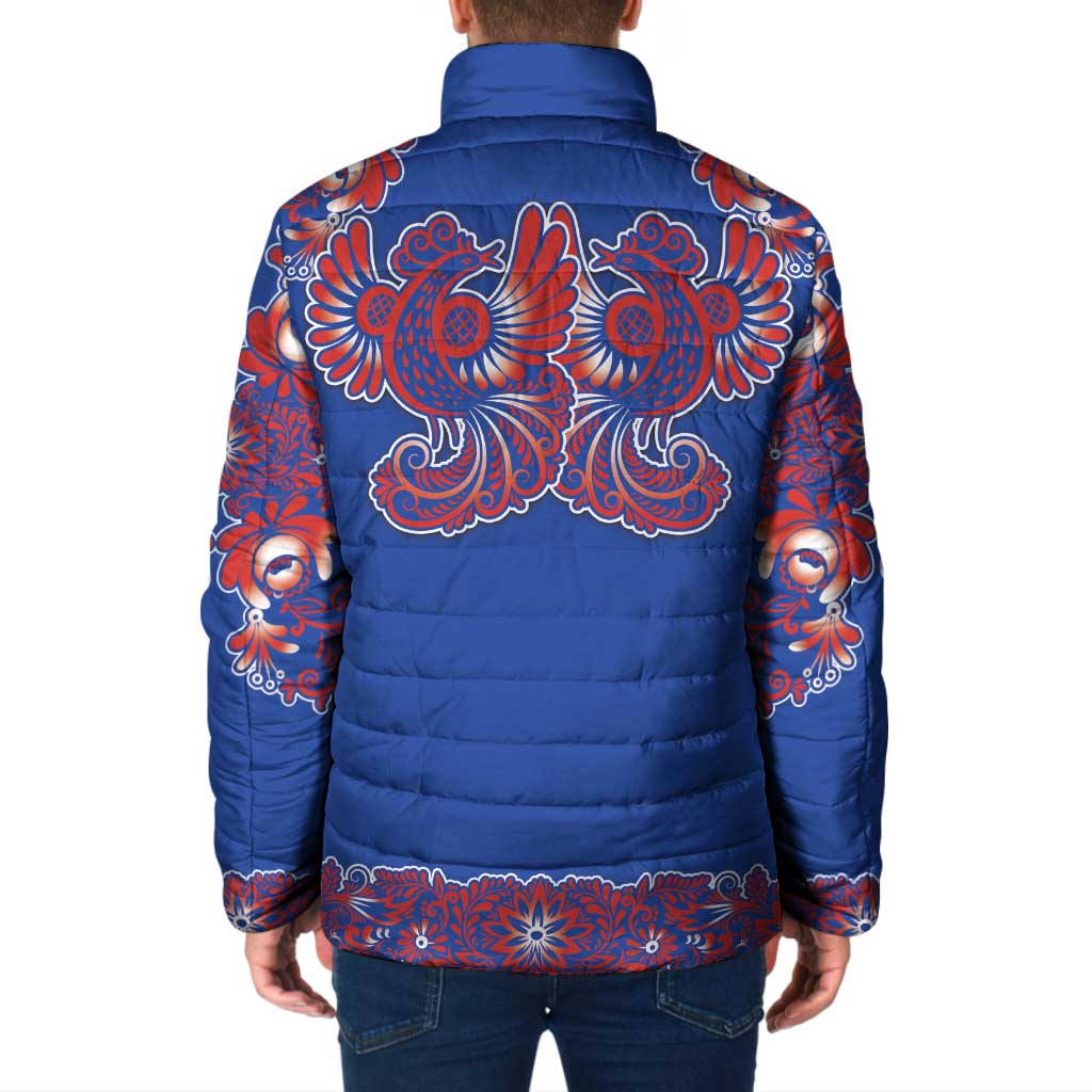Blue Russian National Costume Padded Jacket Rooster Motifs Traditional Folk Pattern - Wonder Print Shop