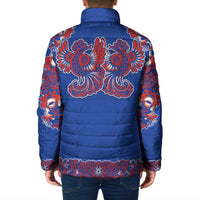 Blue Russian National Costume Padded Jacket Rooster Motifs Traditional Folk Pattern - Wonder Print Shop