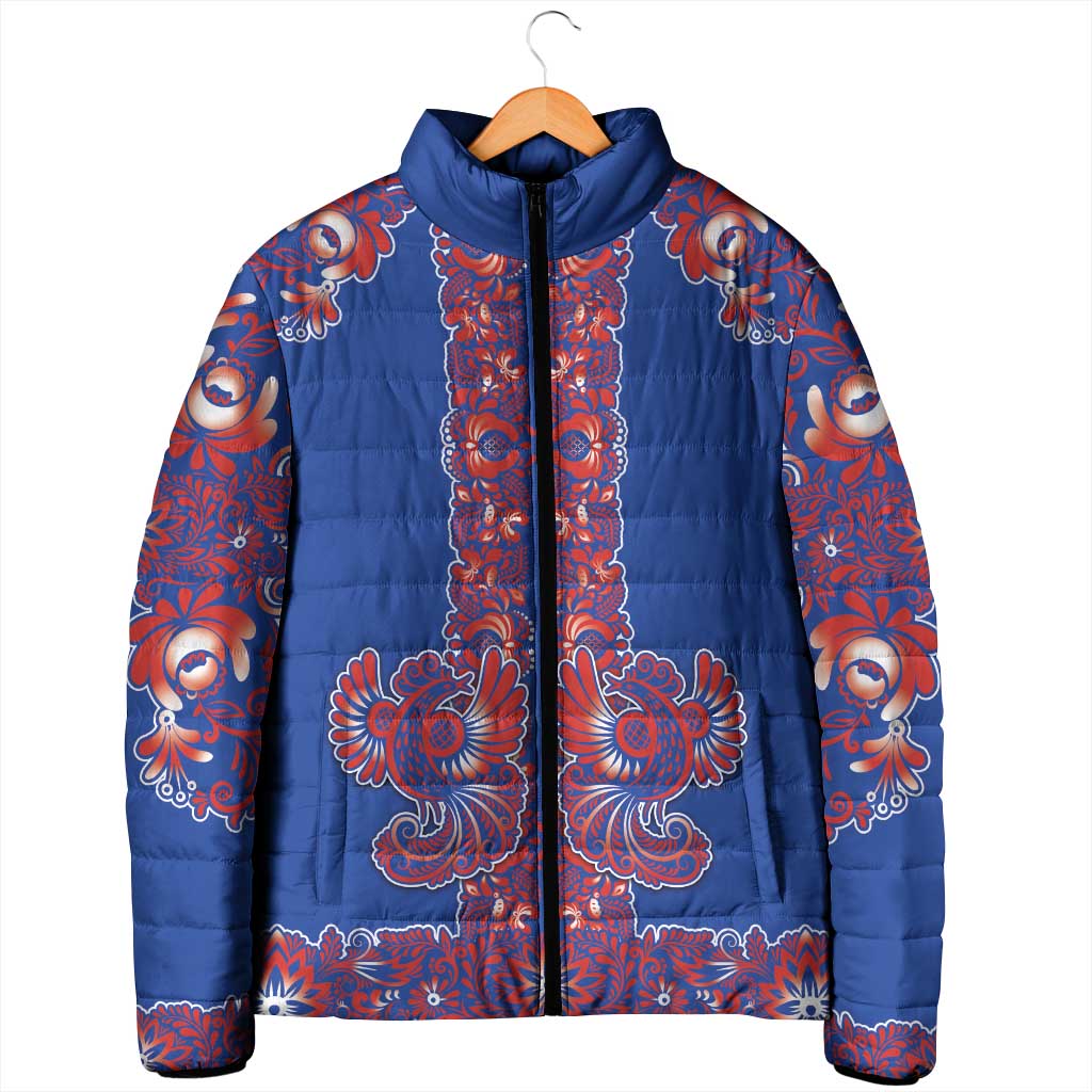 Blue Russian National Costume Padded Jacket Rooster Motifs Traditional Folk Pattern - Wonder Print Shop