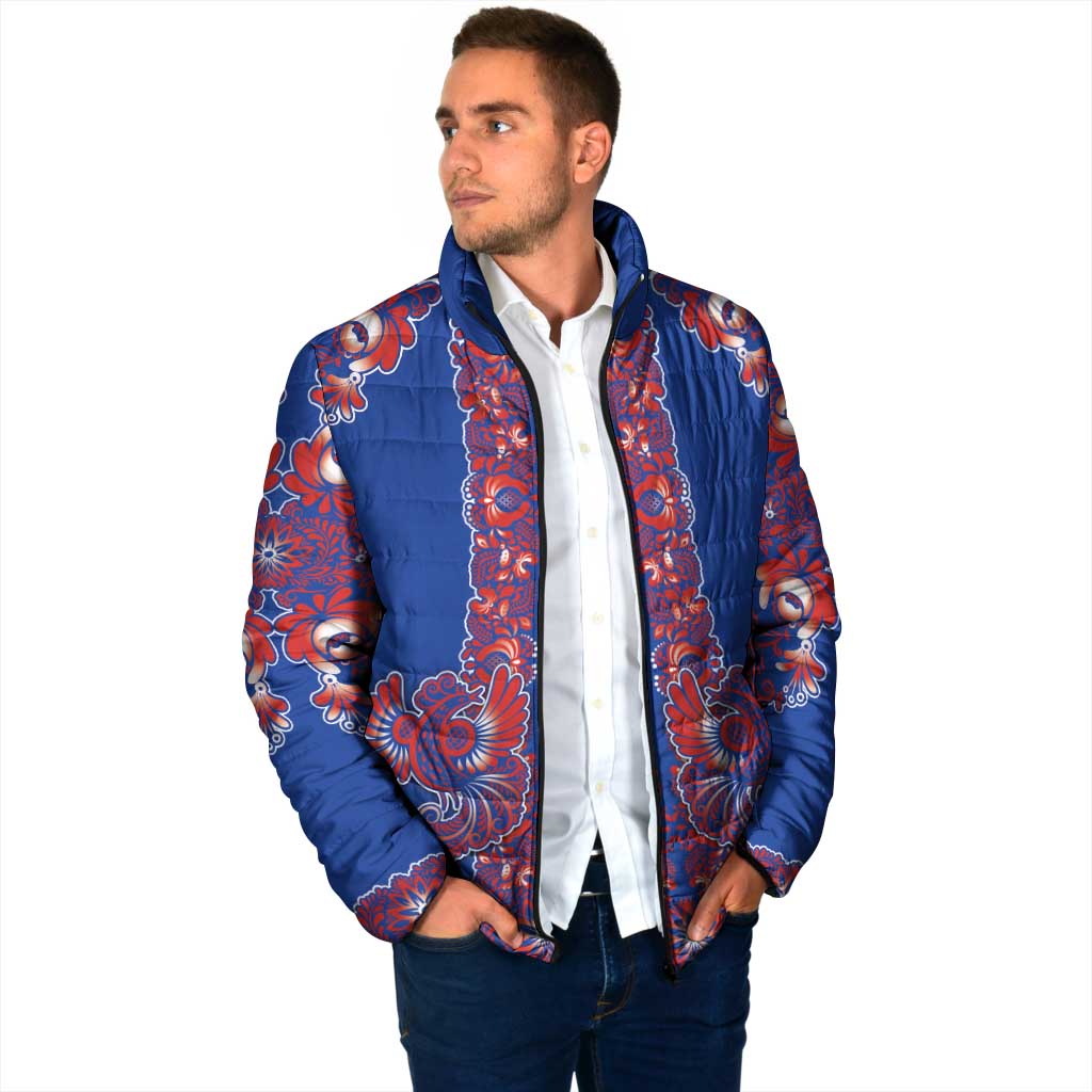 Blue Russian National Costume Padded Jacket Rooster Motifs Traditional Folk Pattern - Wonder Print Shop