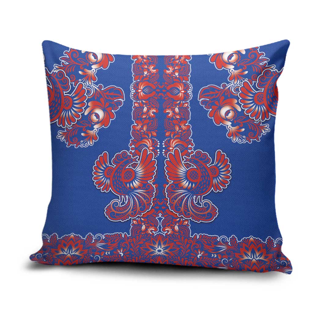 Blue Russian National Costume Pillow Cover Rooster Motifs Traditional Folk Pattern - Wonder Print Shop