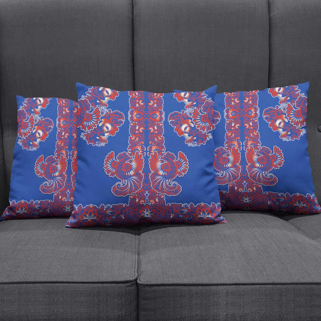 Blue Russian National Costume Pillow Cover Rooster Motifs Traditional Folk Pattern - Wonder Print Shop