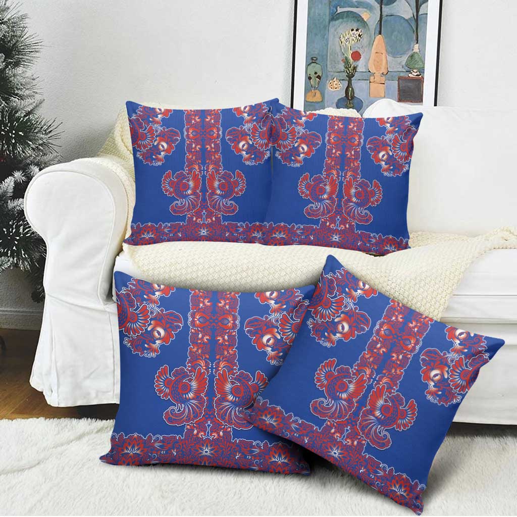 Blue Russian National Costume Pillow Cover Rooster Motifs Traditional Folk Pattern - Wonder Print Shop