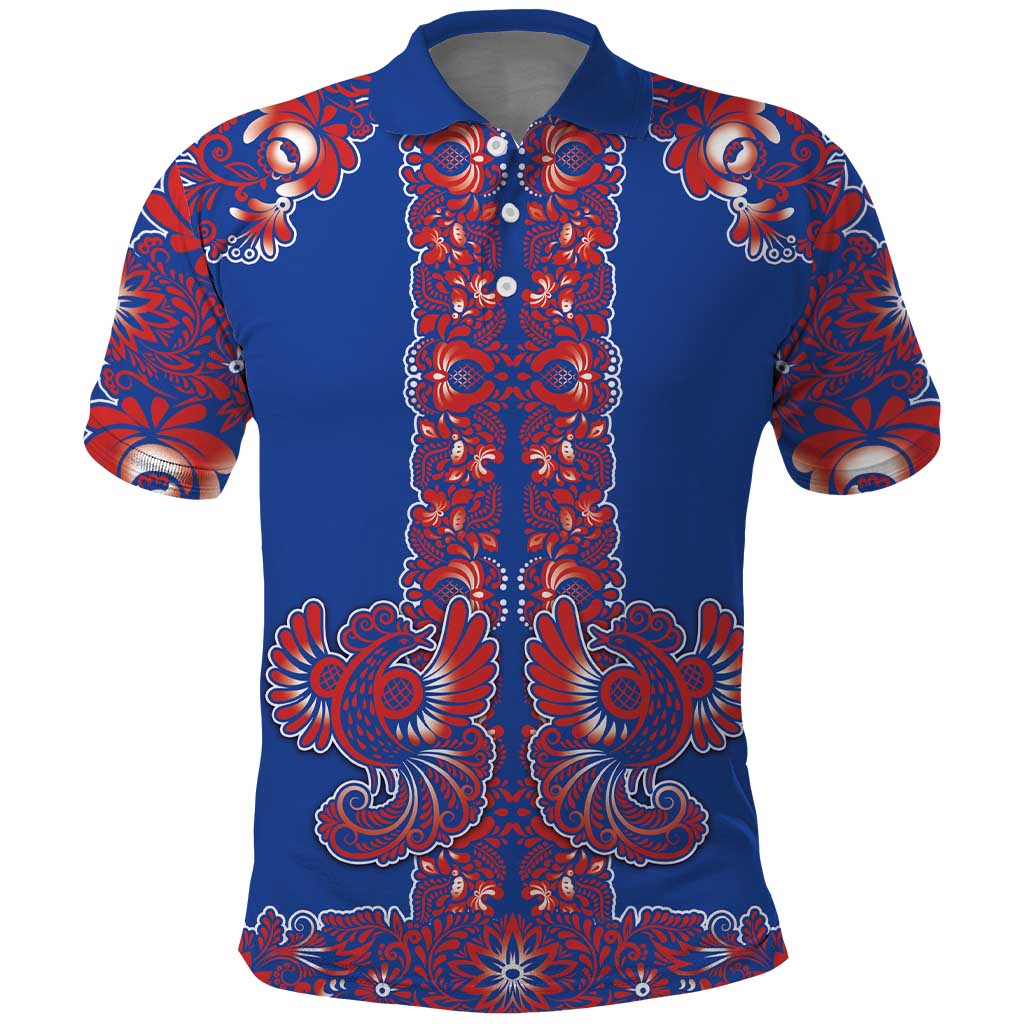 Blue Russian National Costume Polo Shirt Rooster Motifs Traditional Folk Pattern - Wonder Print Shop