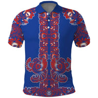 Blue Russian National Costume Polo Shirt Rooster Motifs Traditional Folk Pattern - Wonder Print Shop