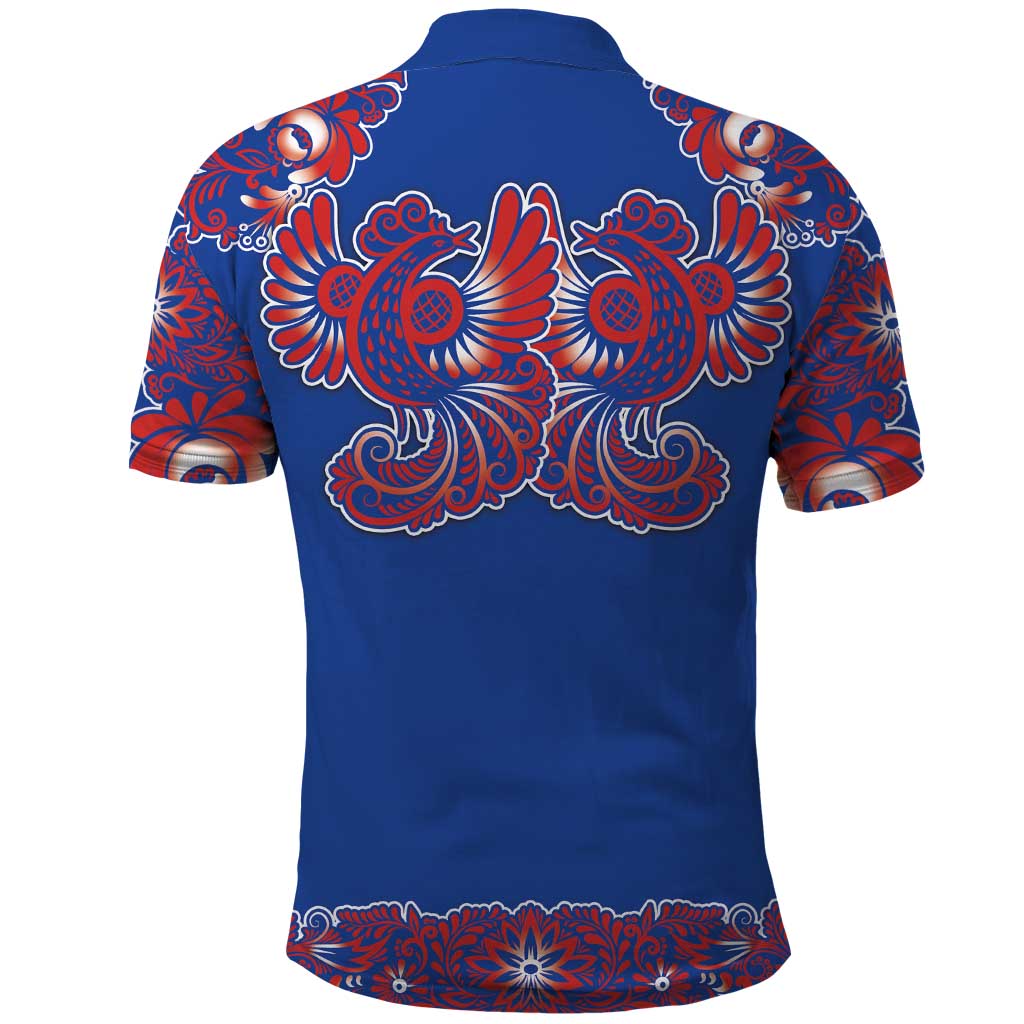 Blue Russian National Costume Polo Shirt Rooster Motifs Traditional Folk Pattern - Wonder Print Shop
