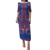 Blue Russian National Costume Puletasi Rooster Motifs Traditional Folk Pattern - Wonder Print Shop