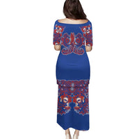 Blue Russian National Costume Puletasi Rooster Motifs Traditional Folk Pattern - Wonder Print Shop