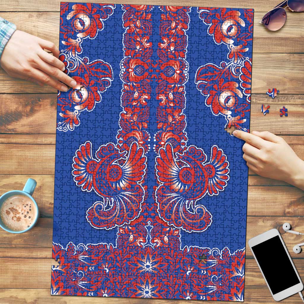 Blue Russian National Costume Puzzle Rooster Motifs Traditional Folk Pattern - Wonder Print Shop
