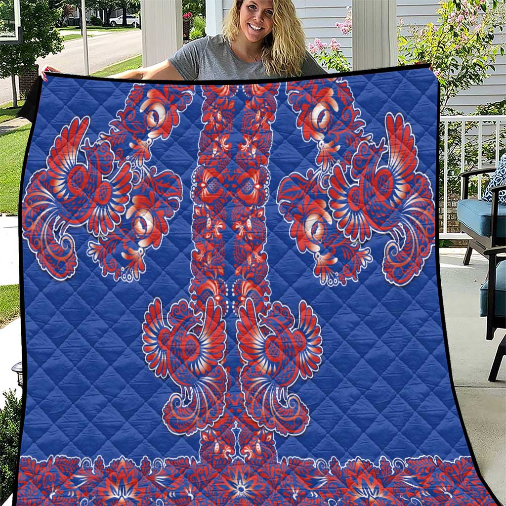 Blue Russian National Costume Quilt Rooster Motifs Traditional Folk Pattern - Wonder Print Shop