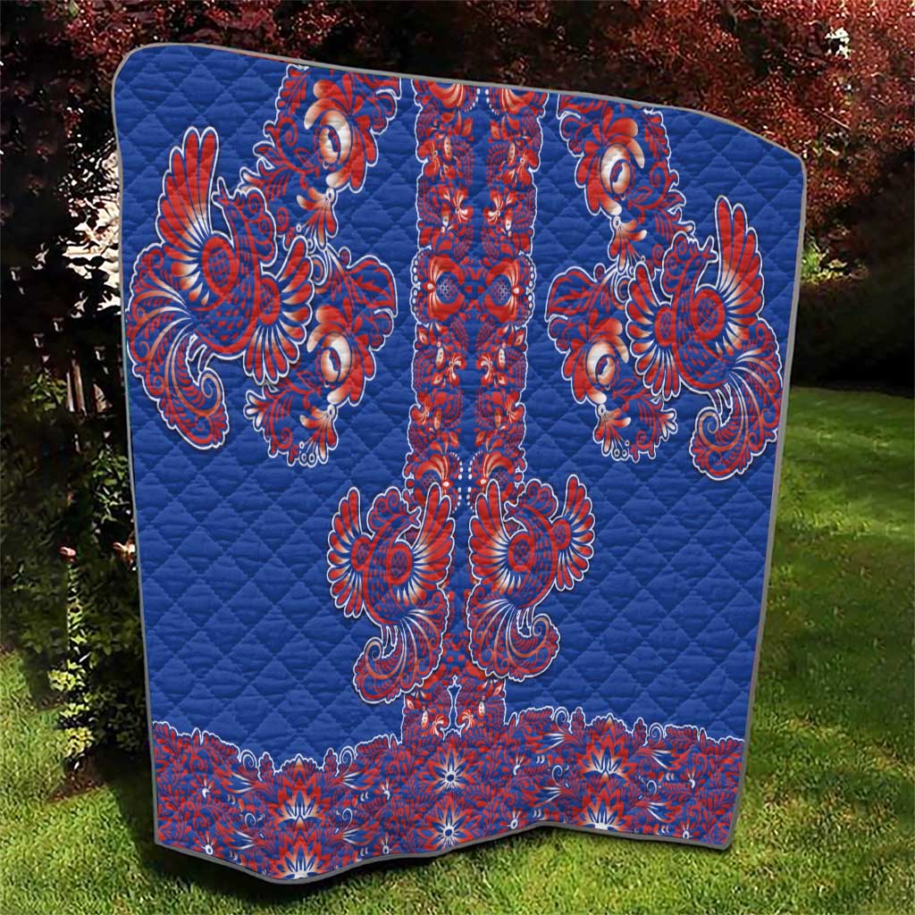 Blue Russian National Costume Quilt Rooster Motifs Traditional Folk Pattern - Wonder Print Shop