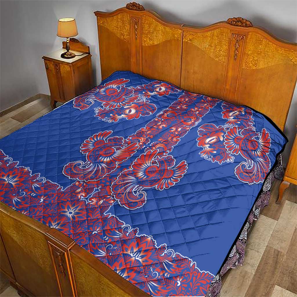 Blue Russian National Costume Quilt Rooster Motifs Traditional Folk Pattern - Wonder Print Shop