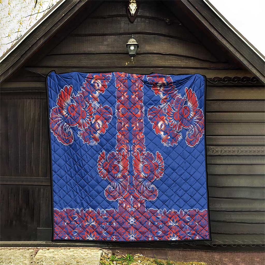 Blue Russian National Costume Quilt Rooster Motifs Traditional Folk Pattern - Wonder Print Shop